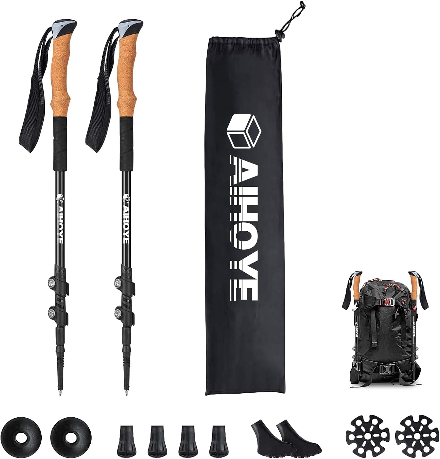 Aihoye Trekking Hiking Poles - 2 Pack Adjustable Walking Sticks, Collapsible ...