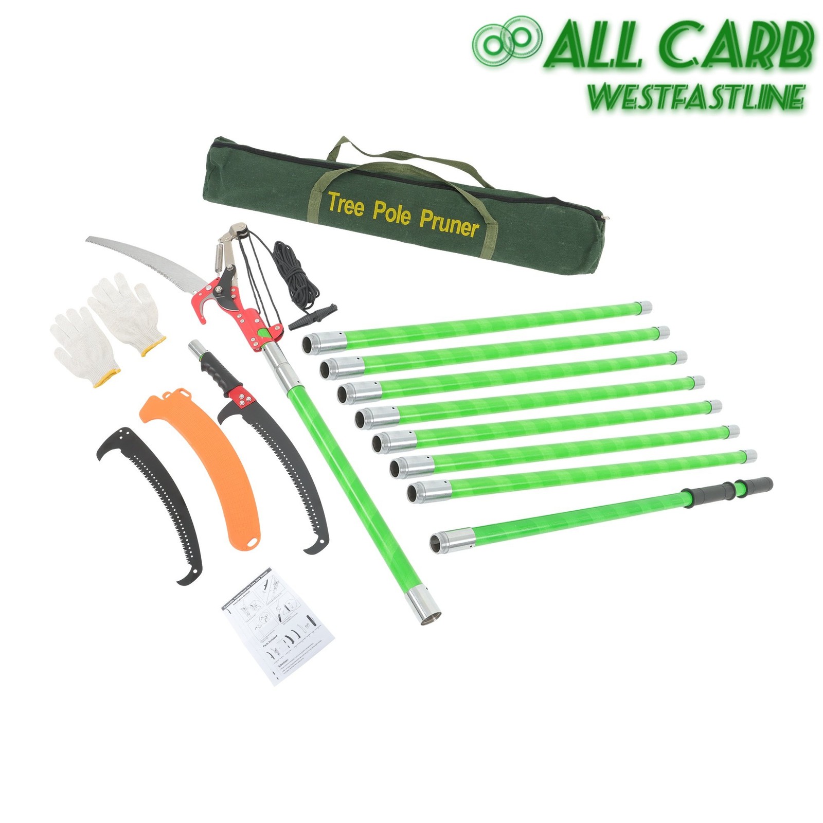 30FT Extendable Tree Trimmer & Pole Saw Combo 9-Section Telescoping Green Pole