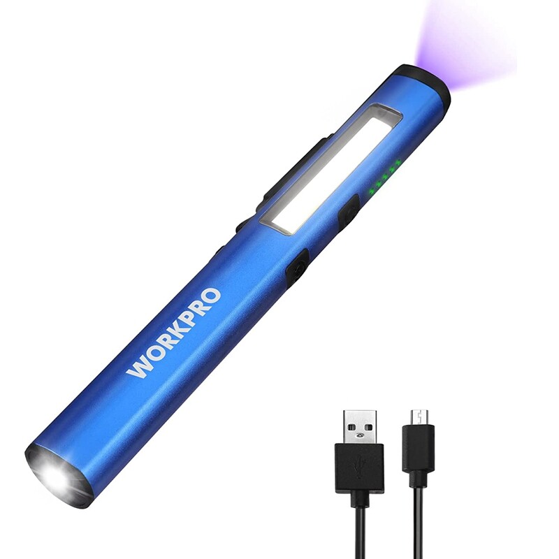 WORKPRO USB Rechargable Pocket Pen Light LED Flashlight UV Black Light 450 Lumen