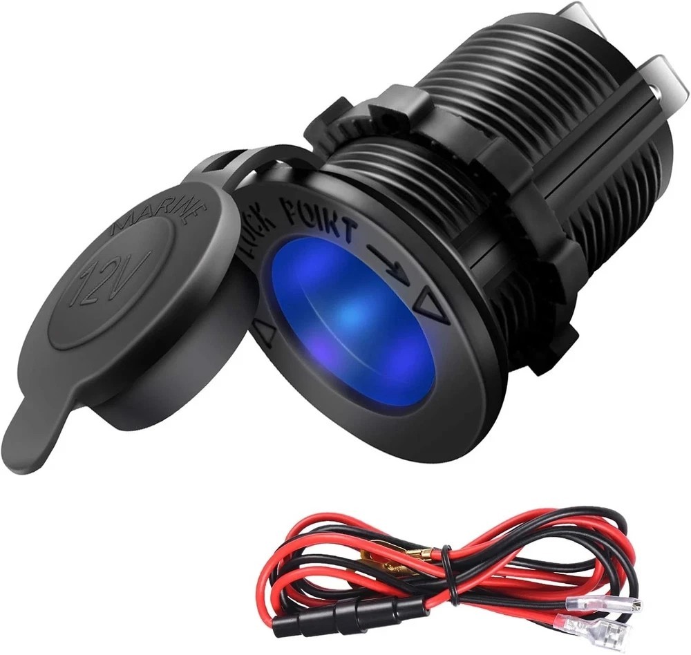 12V Waterproof Marine Cigarette Lighter Socket Blue LED Power Outlet Boat Car RV