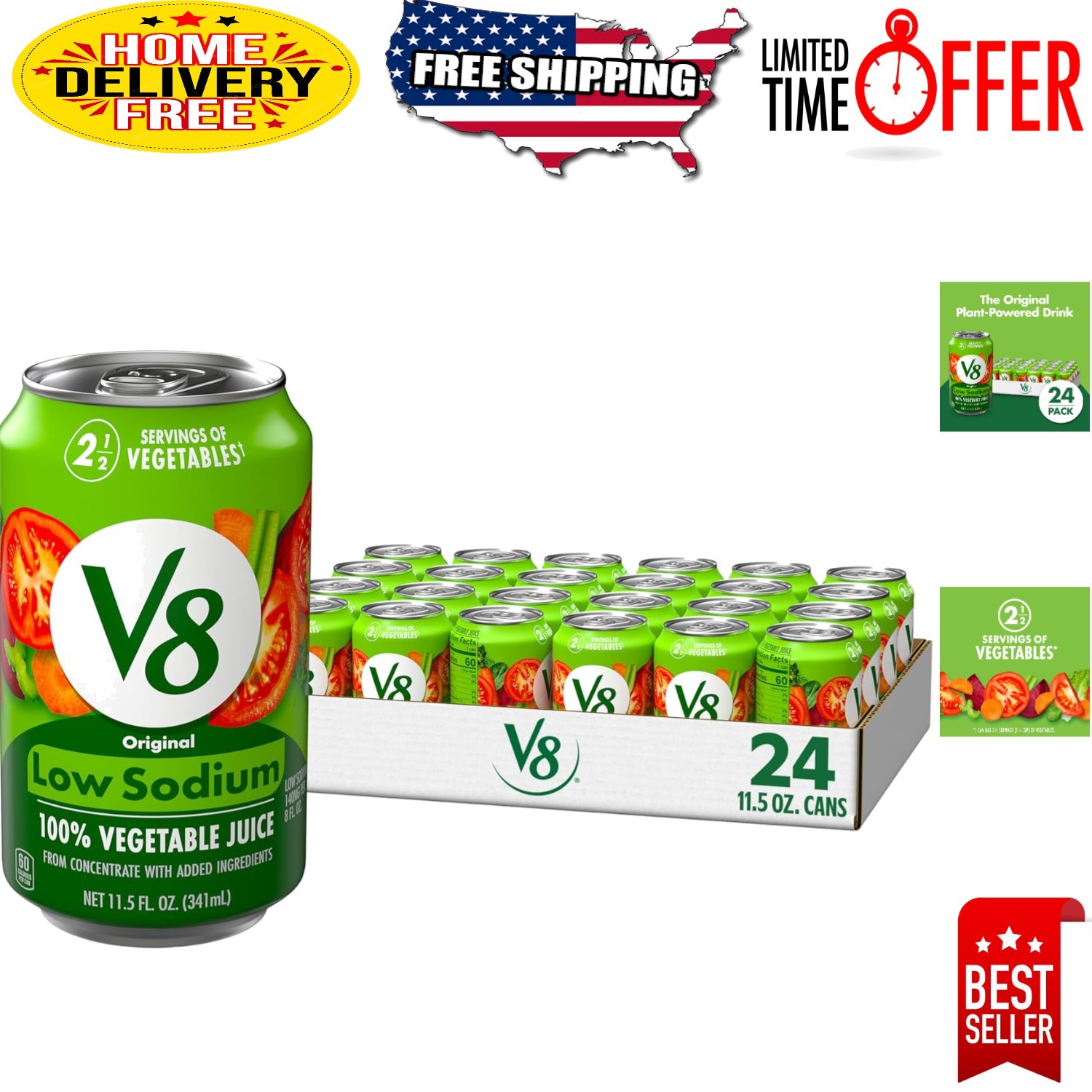 Low Sodium 100% Vegetable Juice, 24-Pack of 11.5 Oz Cans for Healthier Living