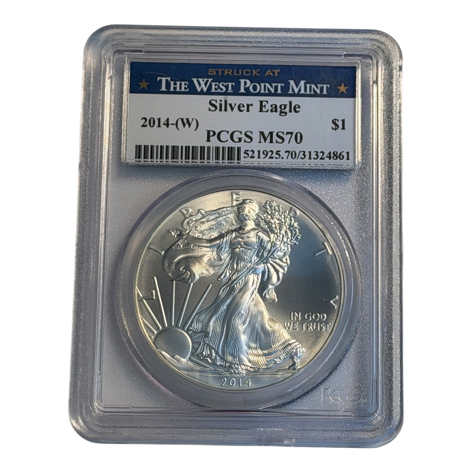 2014-W $1 American Silver Eagle PCGS MS70 - West Point Label Milky/Toned 12B