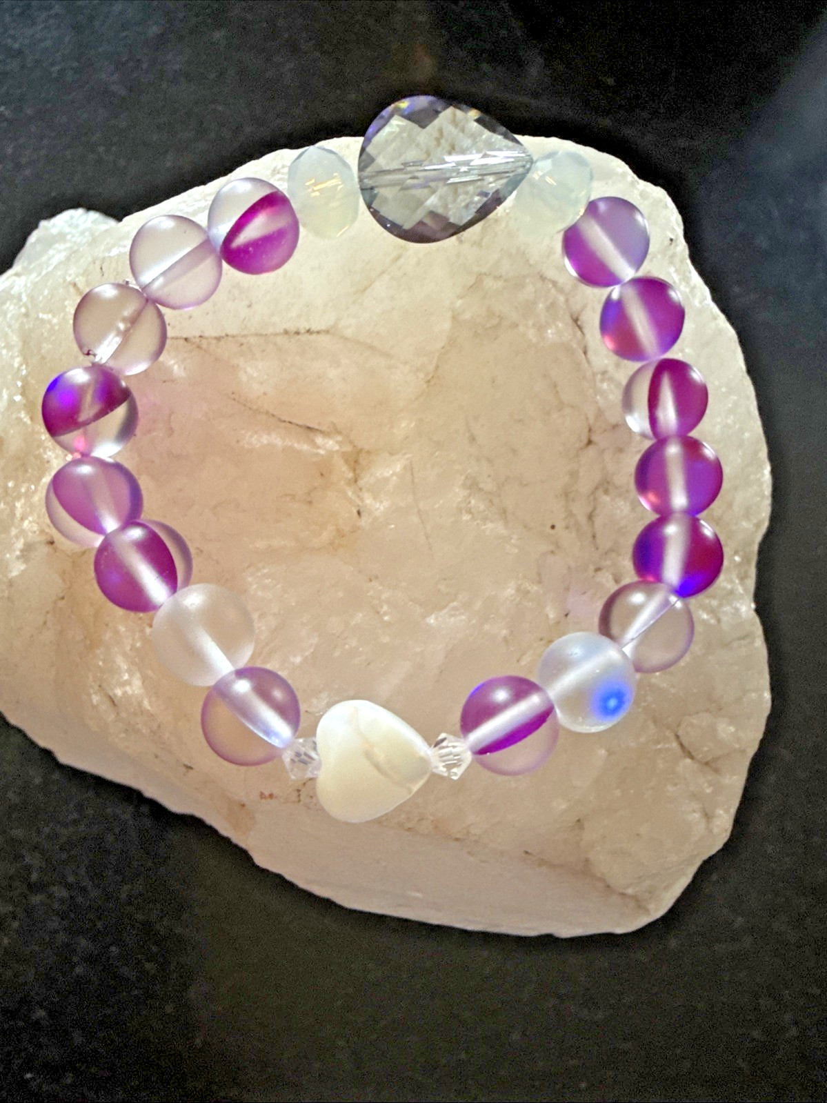 STACKABLE ENERGY BRACELET by Connie MOP HEART IRIDESCENT faceted CRYSTAL PURPLE