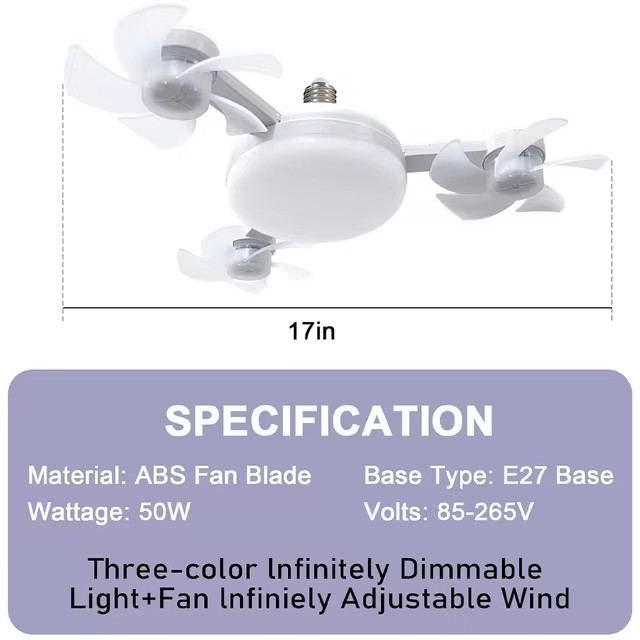 LED Socket Ceiling Fan with Light & Remote E27 Screw In Smart Mini Fan