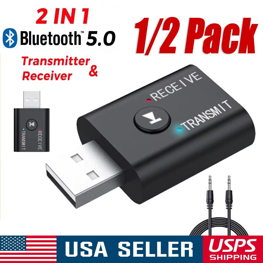 Bluetooth 5.0 2in1 Transmitter Receiver Car Wireless Audio Adapter USB 3.5mm Aux