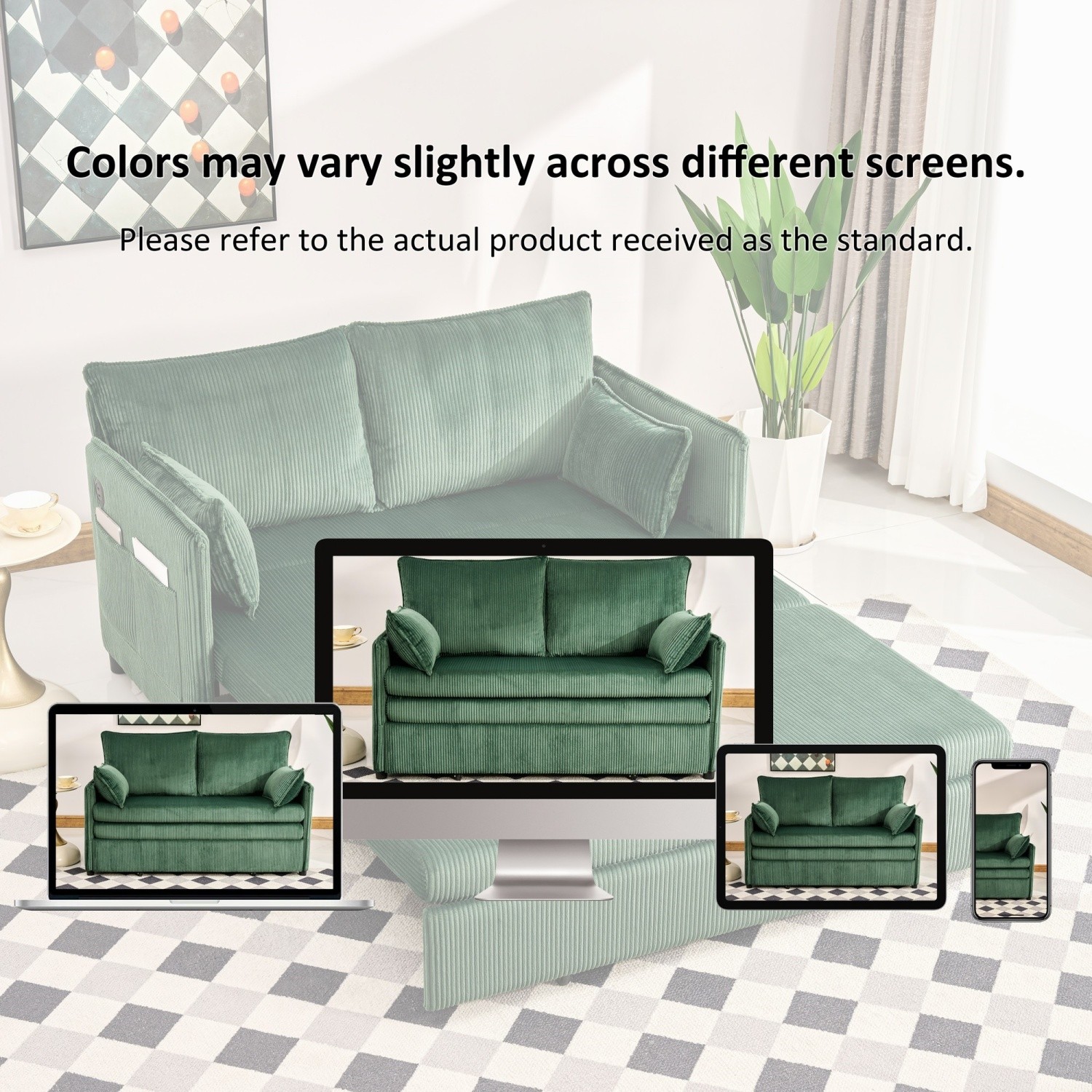 Green/Gray Pull Out Sofa Bed 3-in-1 Sleeper Sofa Convertible Couch with USB Port