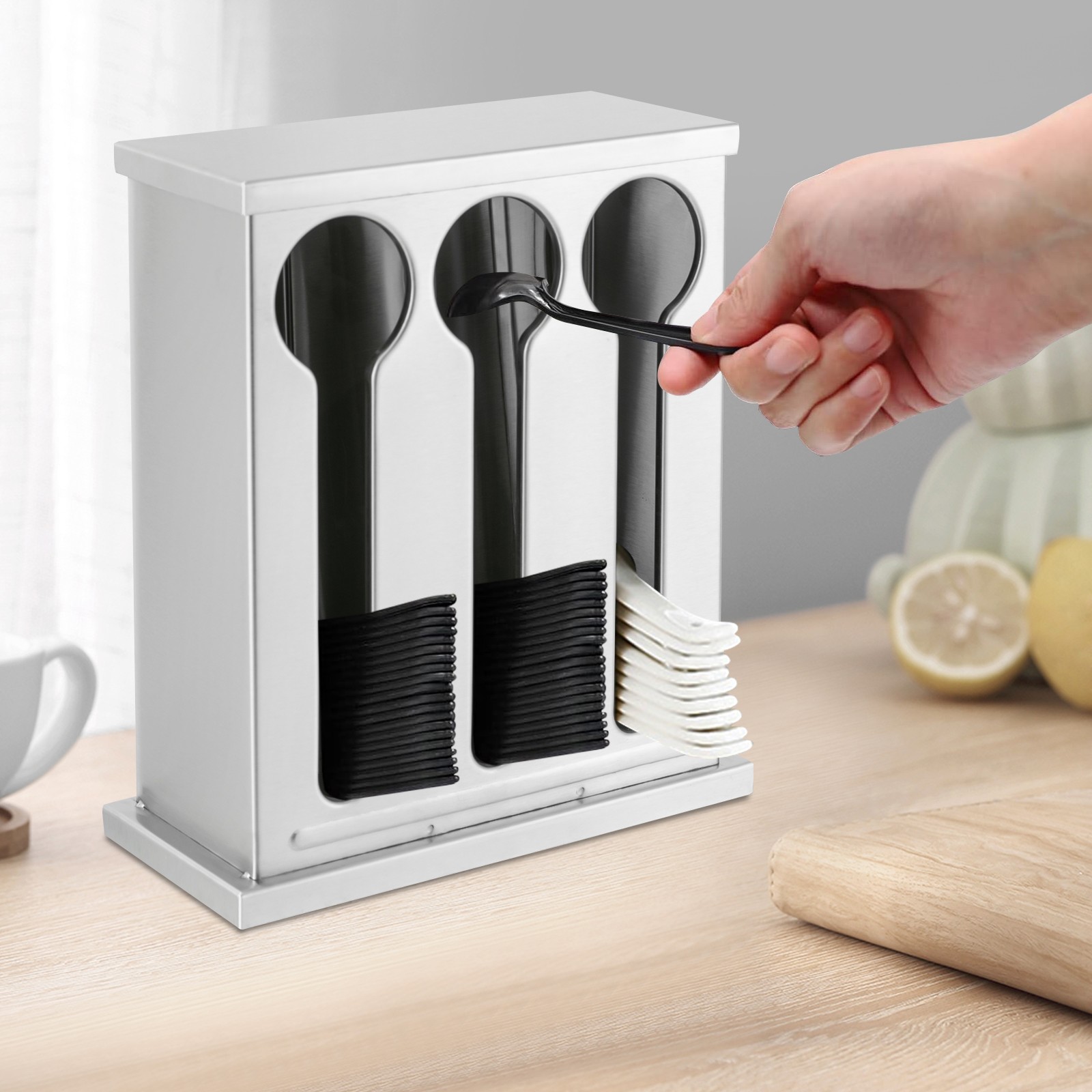 Stainless Steel 3-Compartment Utensil Dispenser for Forks and Spoons