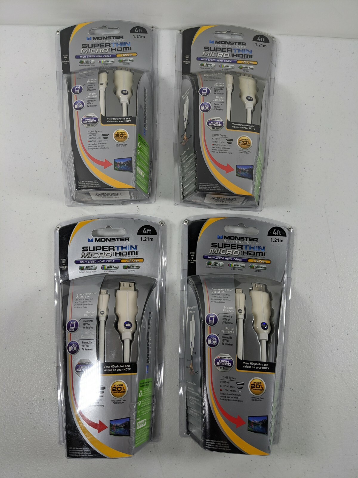 Lot 4 MONSTER Digital Life Super Thin Micro HDMI to HDMI Cable 4ft Support 4K 2k