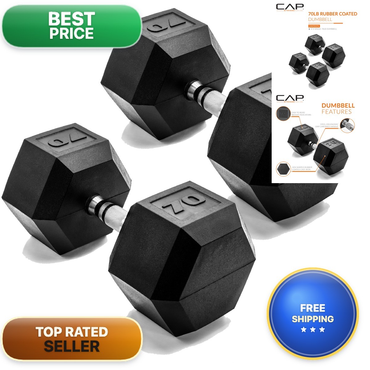 Cap 70Lb Rubber Coated Hex Dumbbell Chrome Grip Weights Pair Sdrpis-140