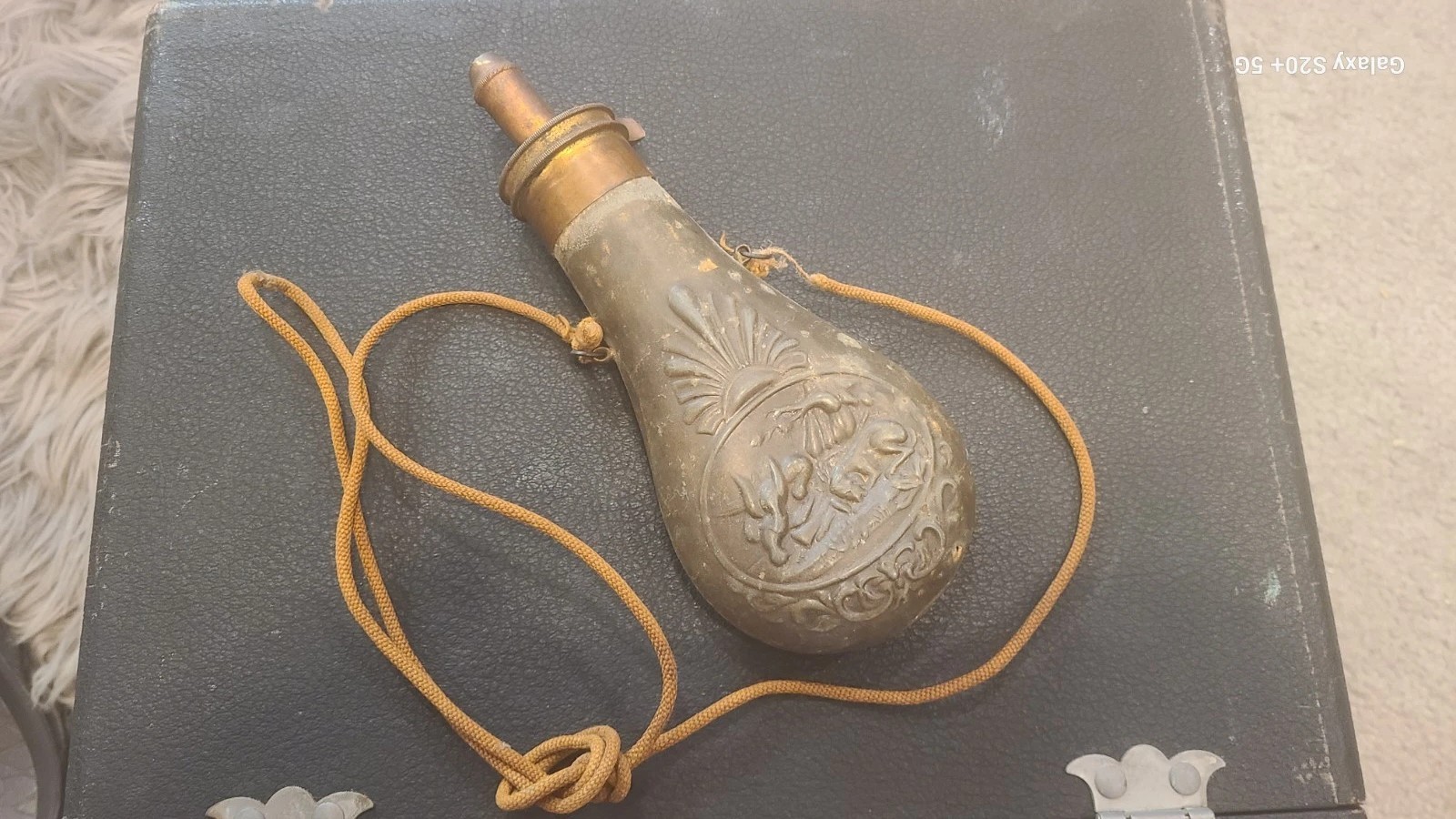 EMPTY Antique  Embossed Brass Hunting Scene Gun Powder Holder Flask Civil War