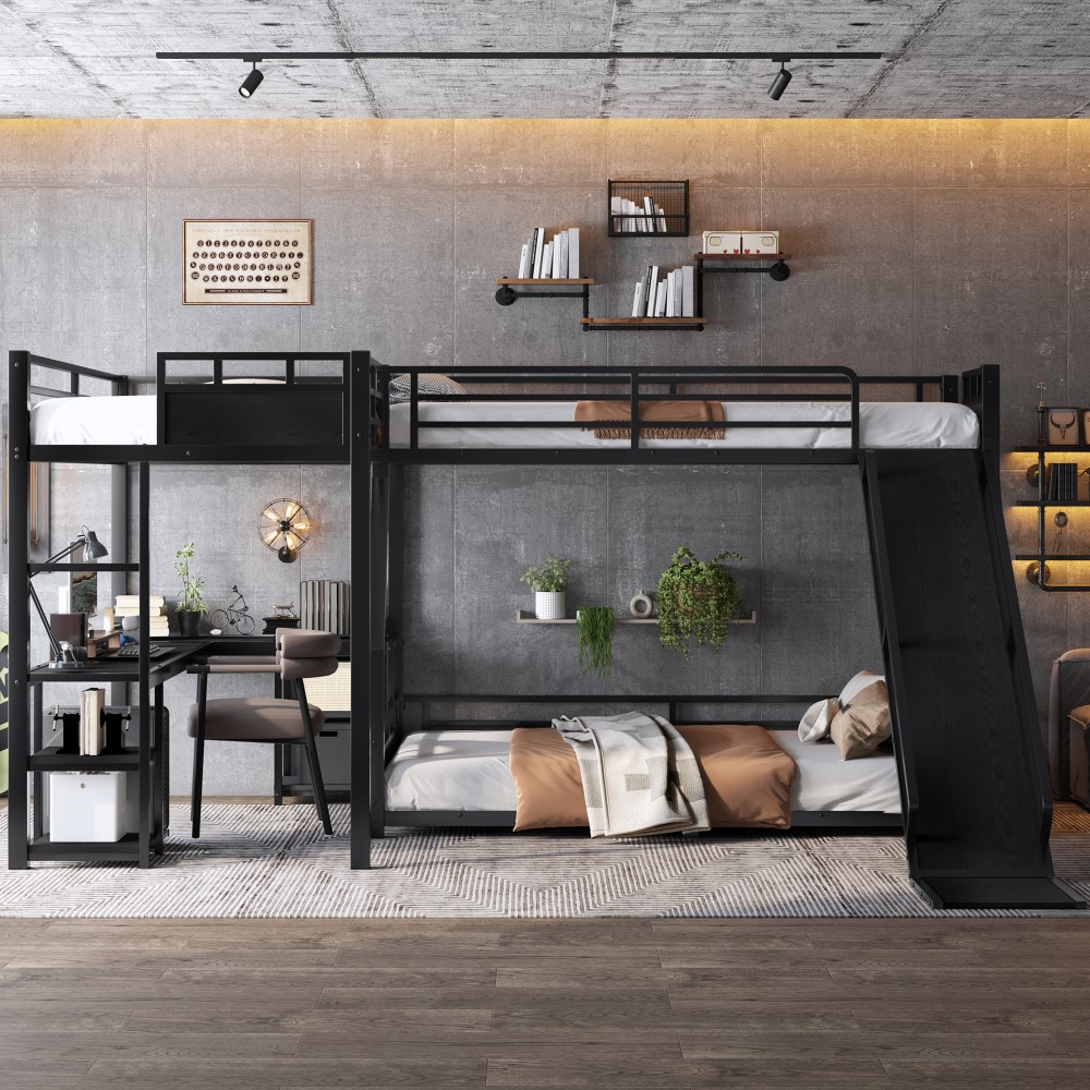 L-Shaped Metal Bunk Bed with Single Loft Bed, Desk, Storage, USB Charging Port