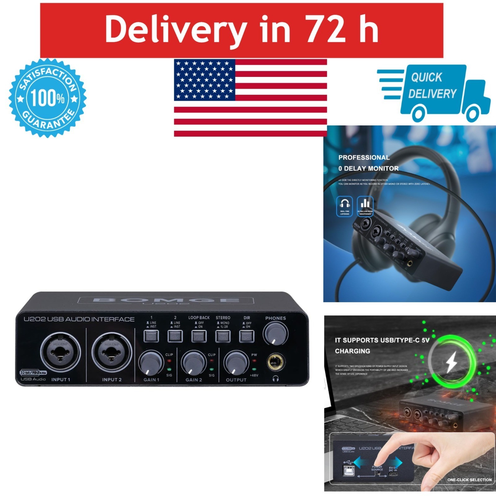 BOMGE U202 USB Audio Interface 2 Channels 192kHz for Recording & Streaming