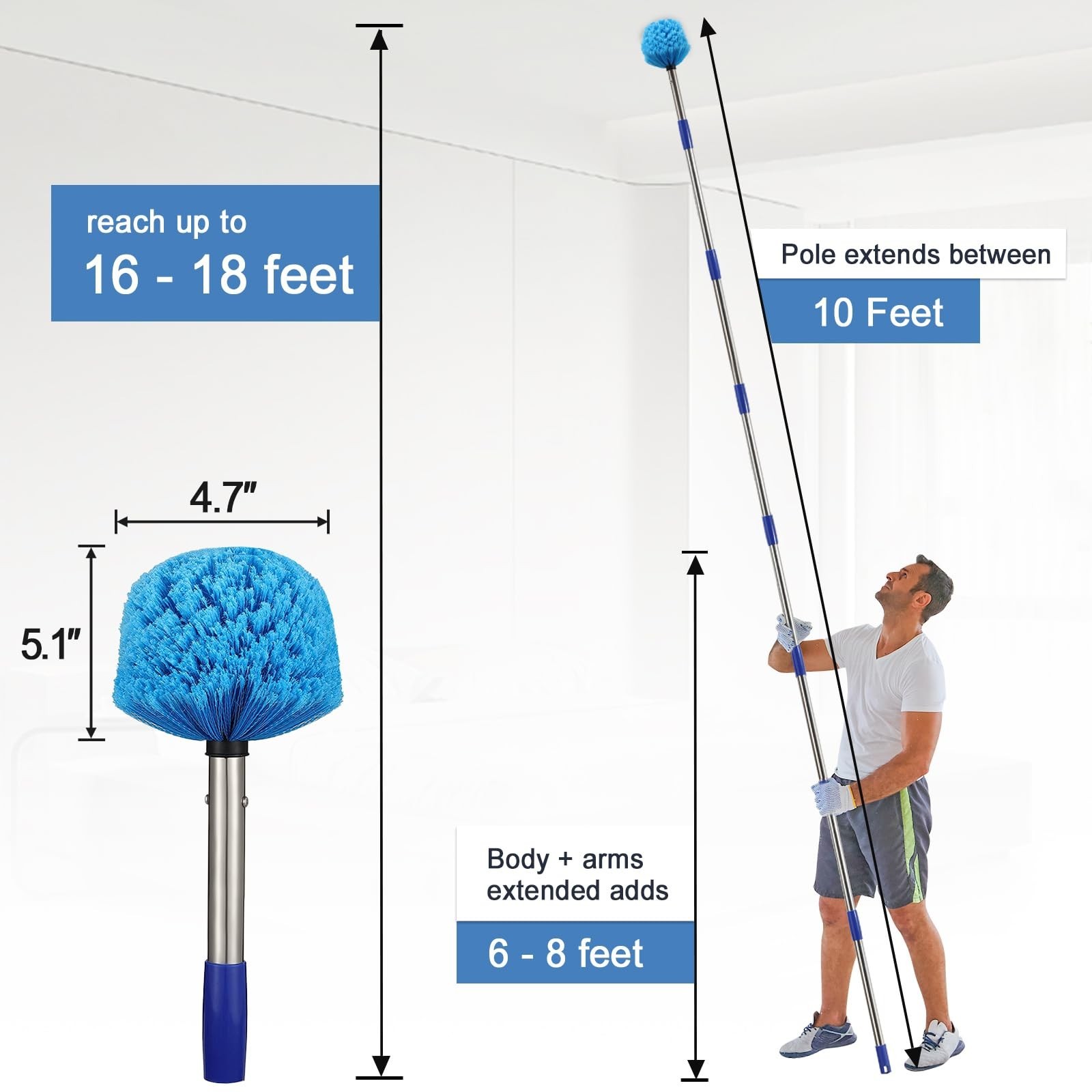 Cobweb Duster with Extension Pole - 10 FT Lightweight Stainless Steel Extenda...