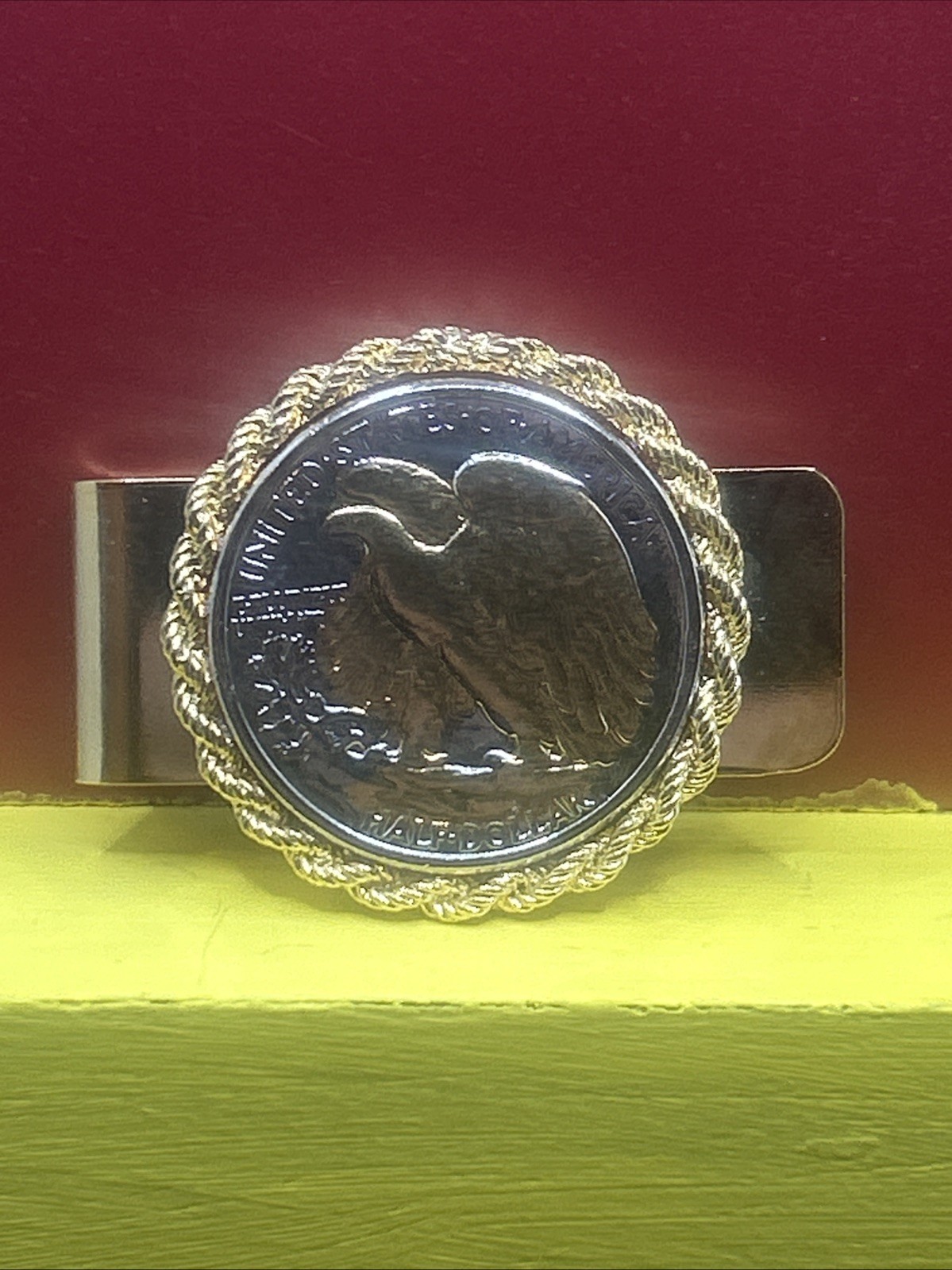 Vintage 1946 Gold Plated Walking Liberty Half Dollar Money Clip -  Silver Coin