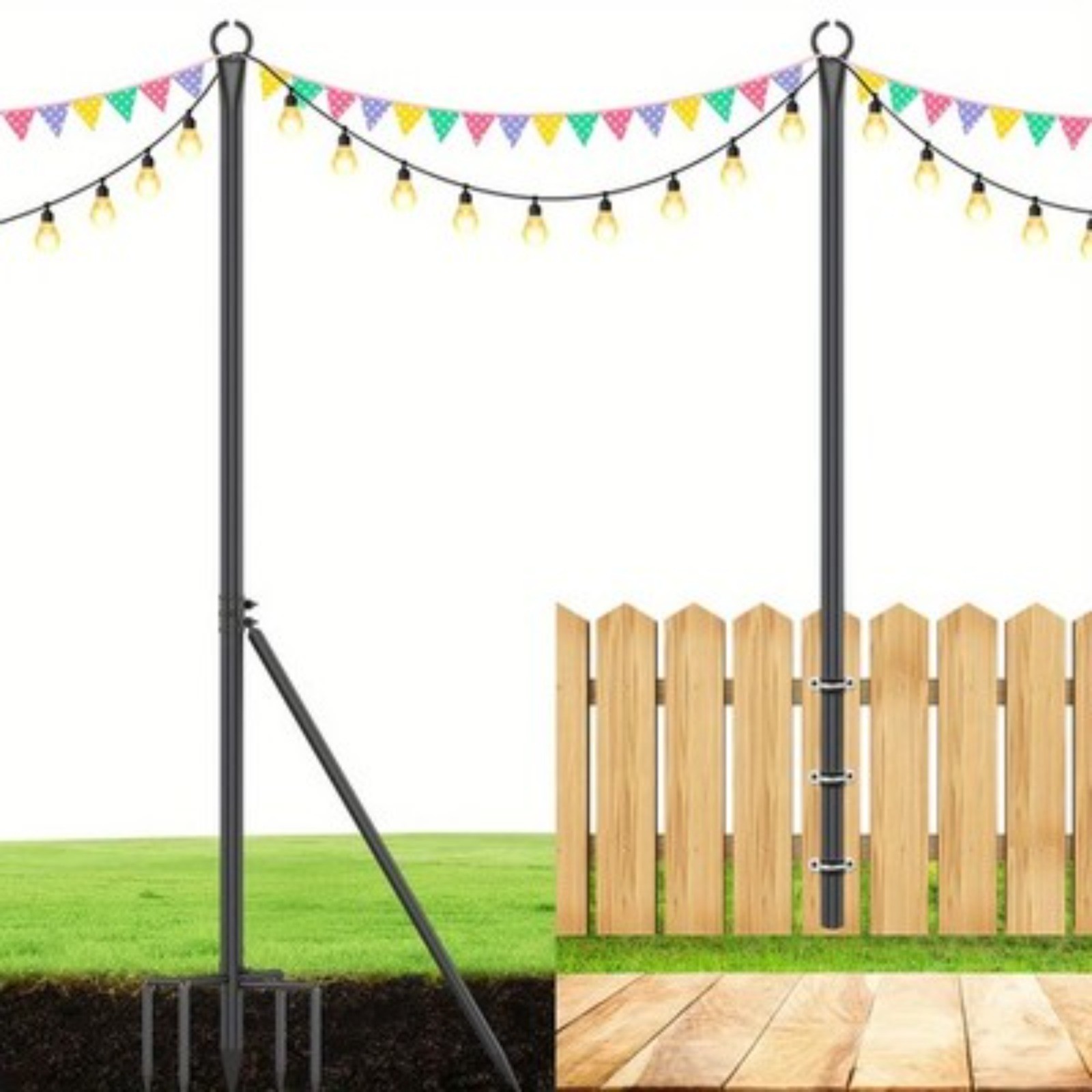 2X Outdoor String Light Poles for Stand Black Metal Patio Garden Backyard Deck