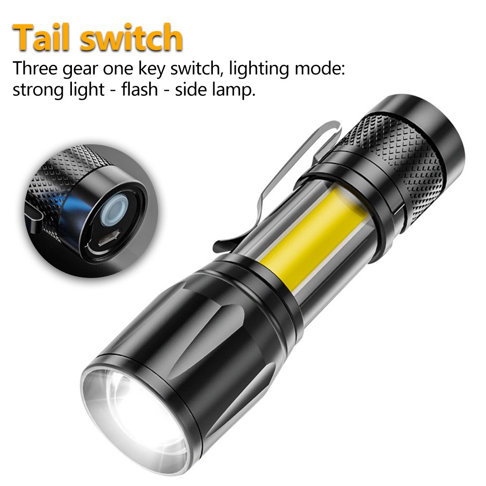 2pcs Mini LED Flashlight COB Side Light Zoomable USB Rechargeable Portable Torch