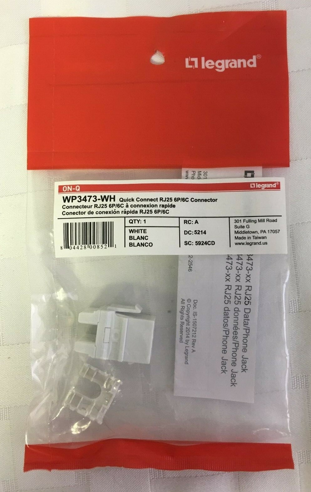 Legrand Quick Connect 6 Position 6 Conductor Telephone Keystone Insert White