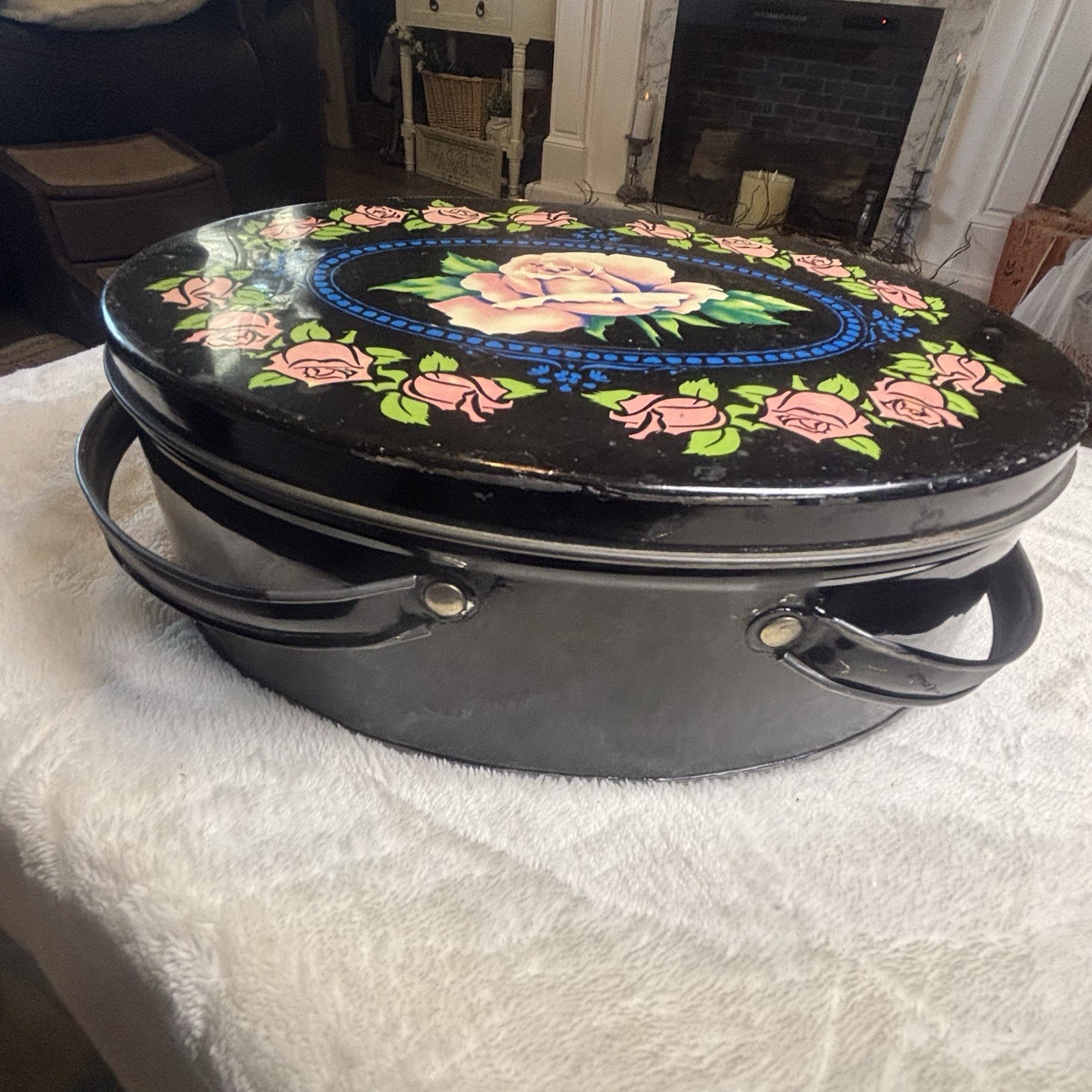 1950s Litho Pink Rose Sewing Button Storage Tin Granny Cottage Core