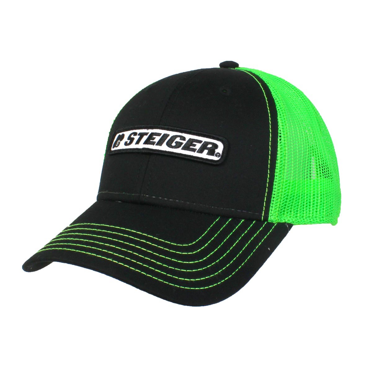 Steiger Logo Black With Green Mesh Back Snap Closure Adult Ball Cap Hat STNEM