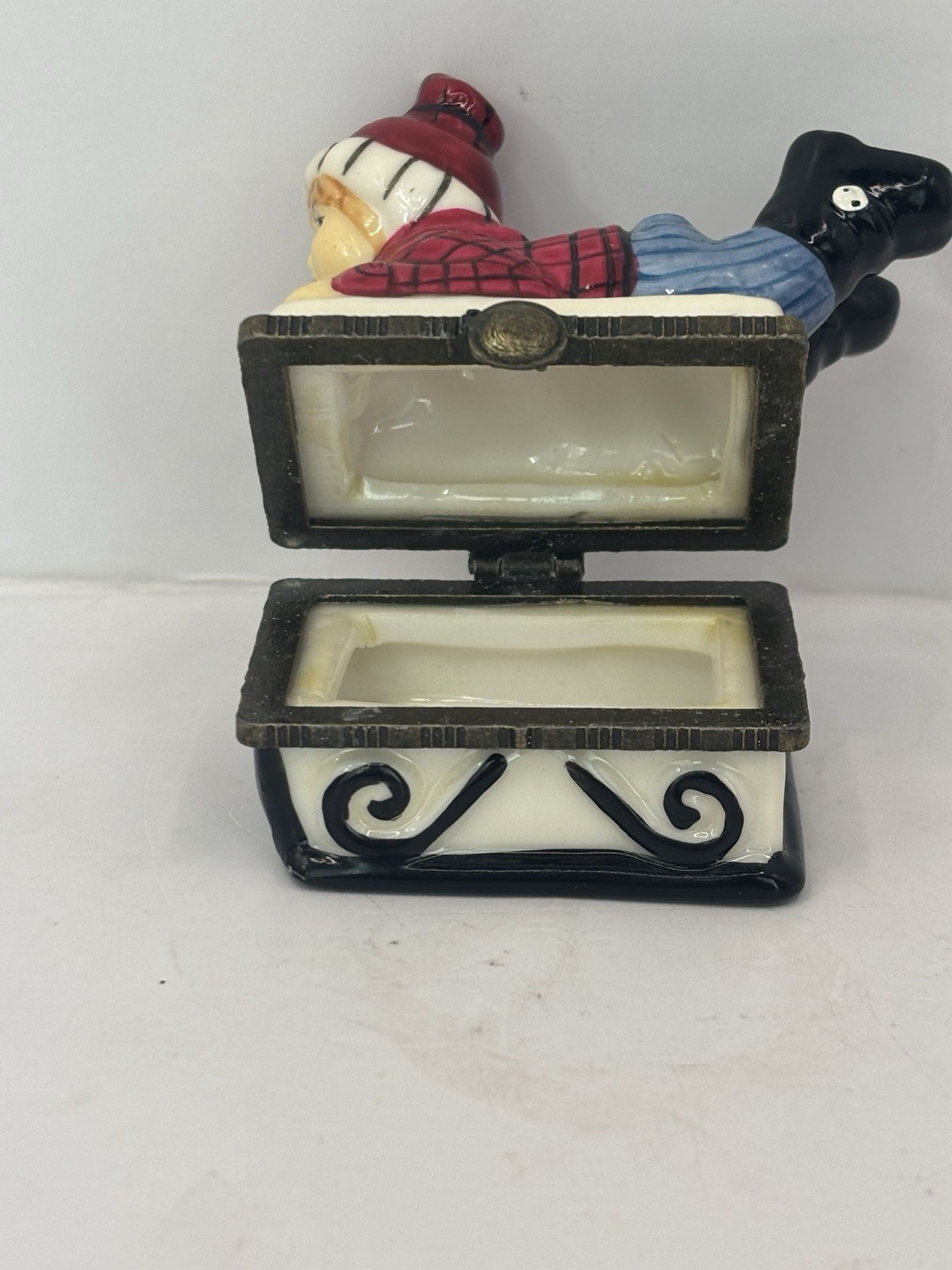 Ceramic Boy On Sled Hinged Trinket Box 2.5”