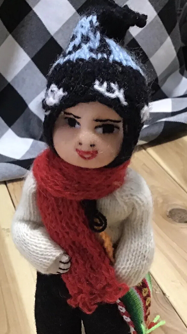 Andean/Peruvian Handmade cloth doll/ 9 inches/ White sweater w/ Satchel & Scarf