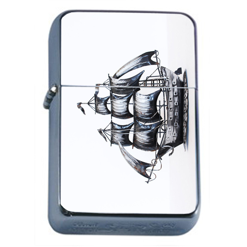 Vintage Pirate Ship D3 Flip Top Oil Lighter Wind Resistant Flame