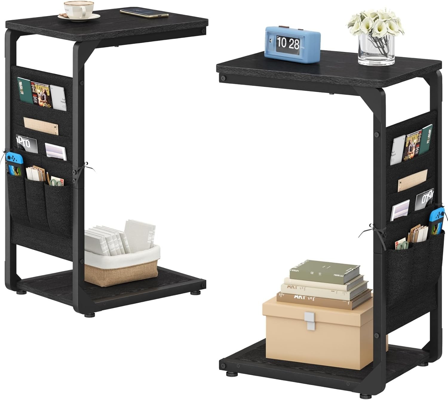 Narrow C-Shaped End Table W/ Storage Bag Small Couch Side Table Sofa TV Tray
