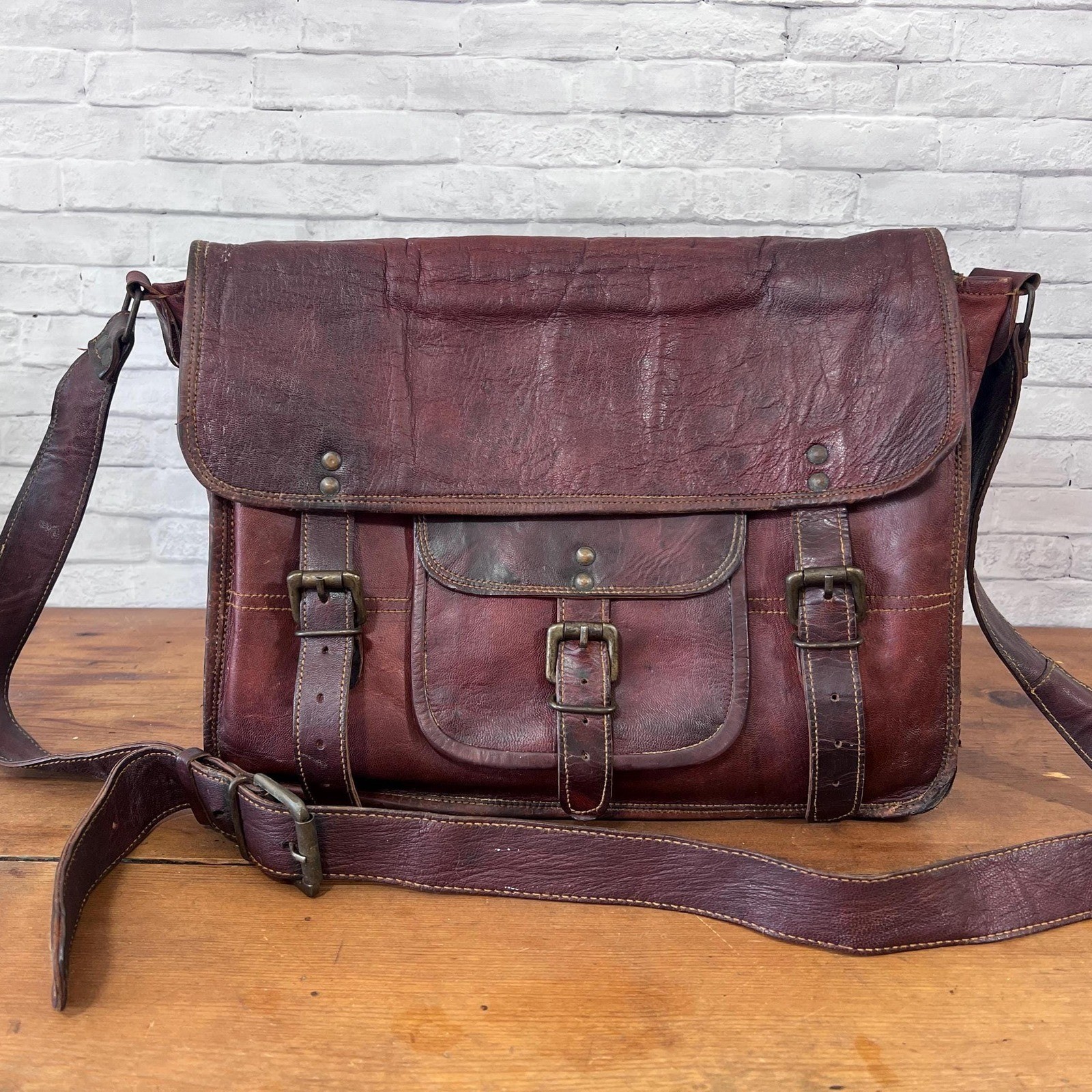 All Leather Laptop Satchel Green Lined Shoulder Strap Unbranded (4023)