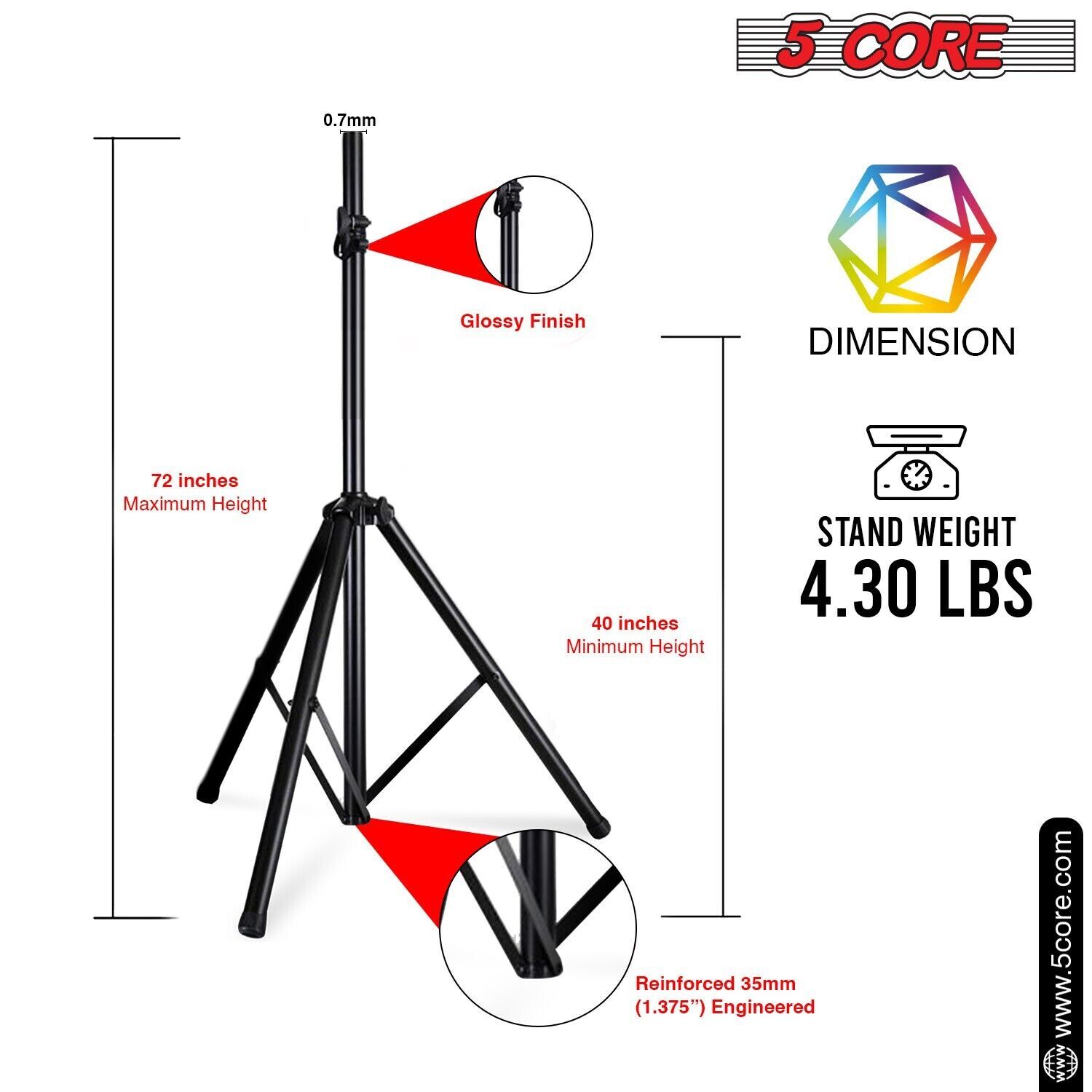 5Core Speaker Stand Tripod Tall Adjustable 72 Inch DJ Studio Monitor Stands Pole
