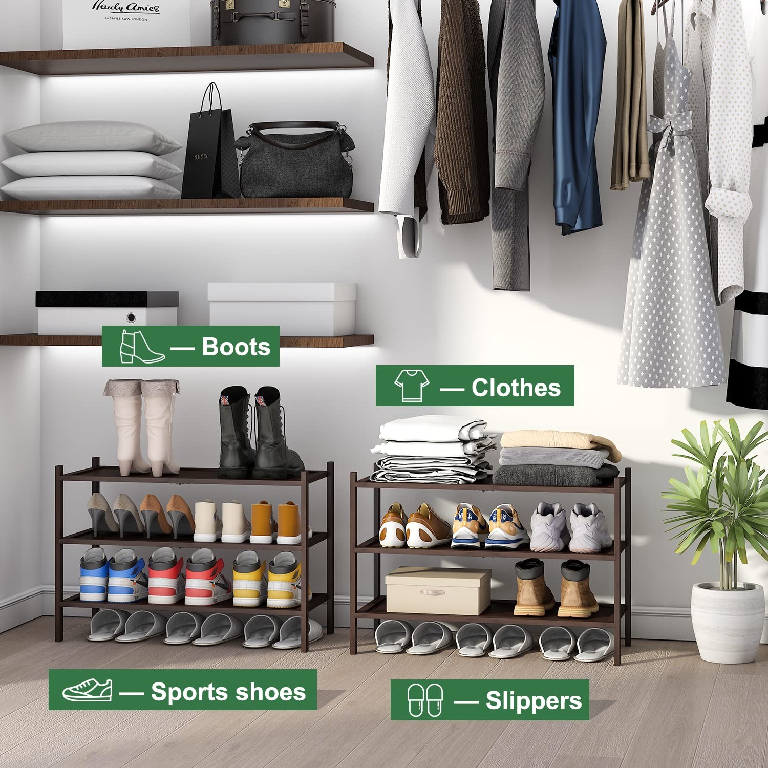 Bamboo Shoe Rack for Entryway, 3-Tier Stackable | Foldable | Natural, Shoe Or...