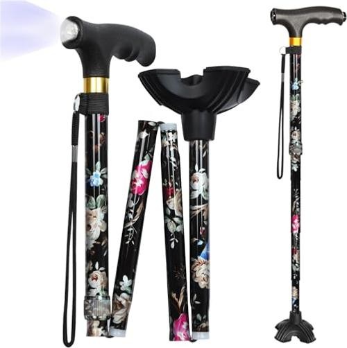 Walking Cane with LED Light, Foldable,Adjustable, Self Standing Black flowers