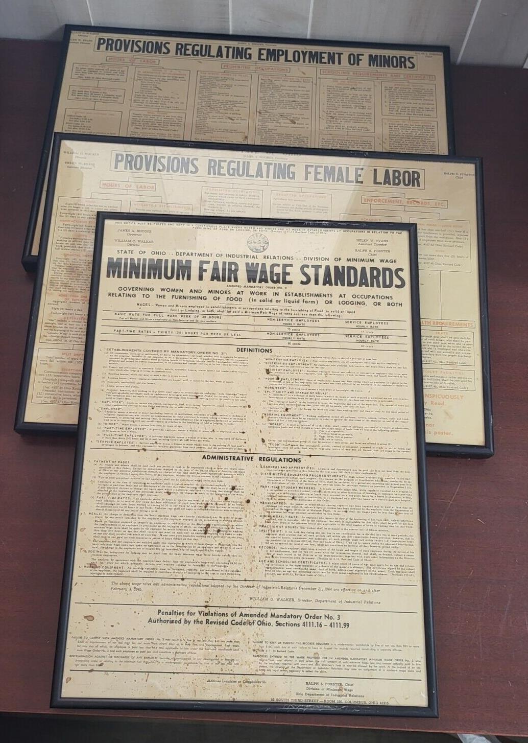 3 Vintage Ohio Labor Posters 1963 MINORS FEMALES MINIMUM WAGE Framed   19 x 13.5