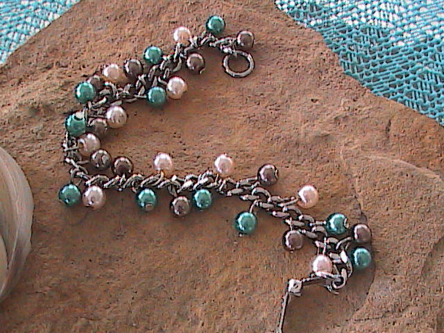 Chain & Glass Bead Bracelet - Pink, Teal & Copper
