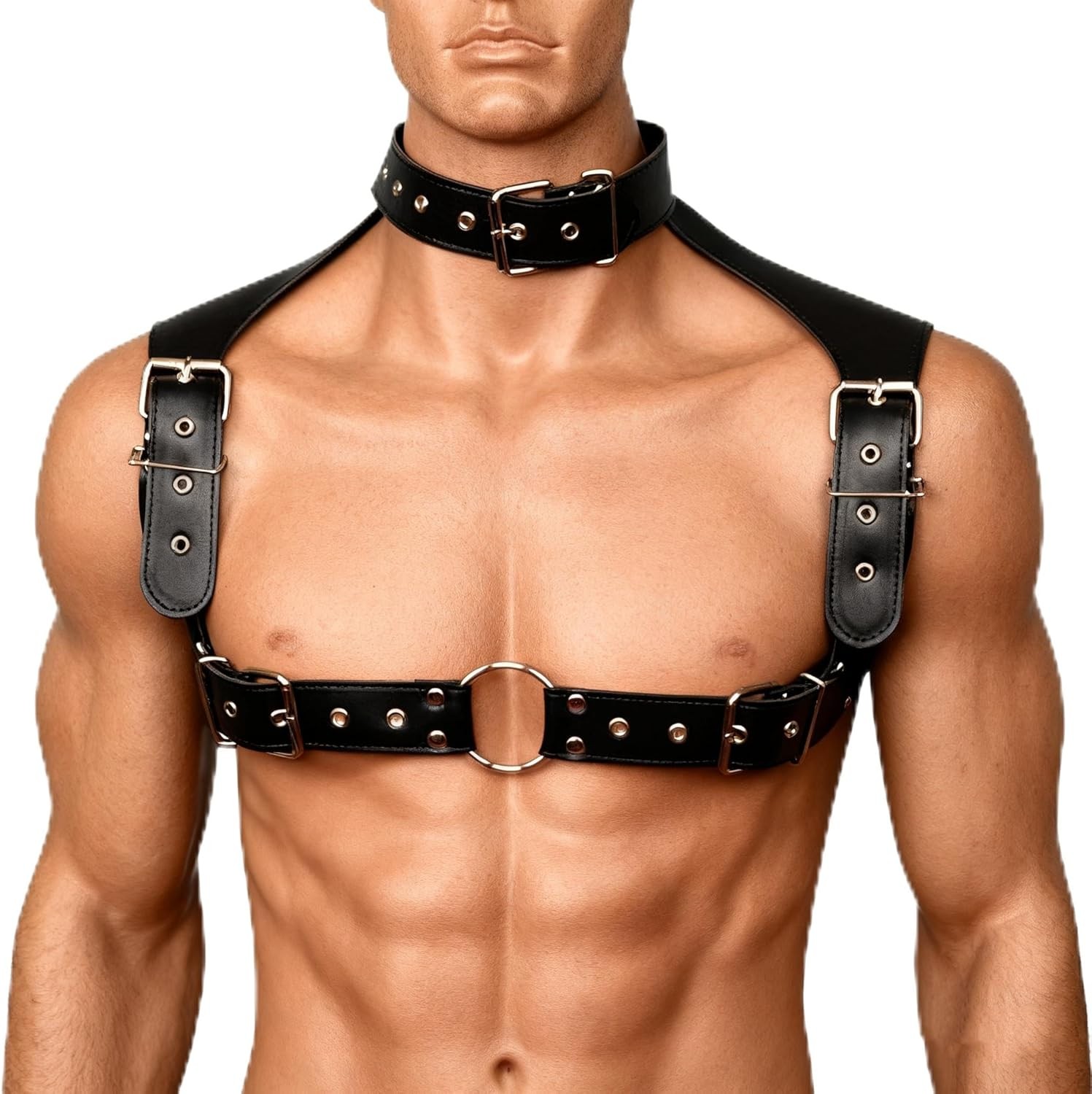 Men's Body Chest Harness Belt, Adjustable Faux Patent Leather Neck Collar Choker