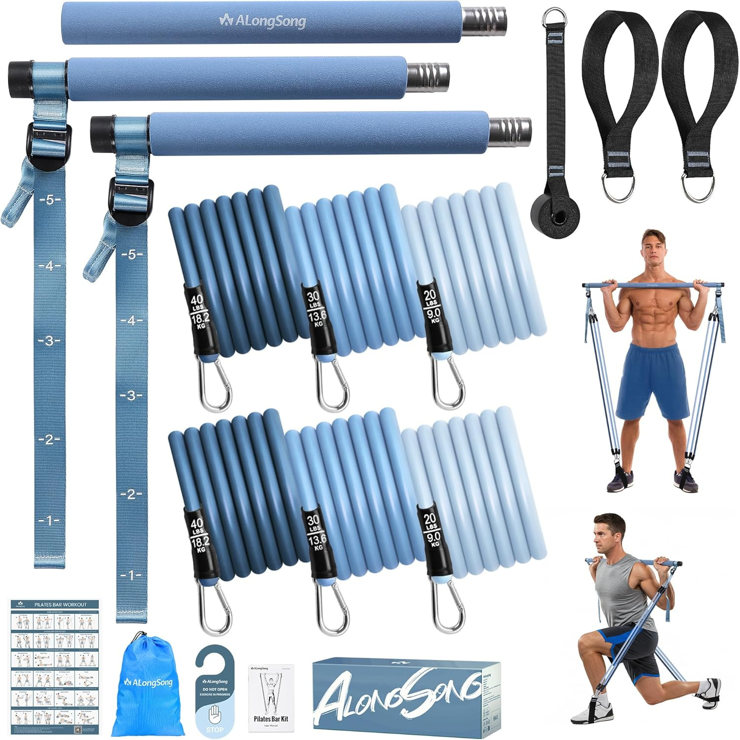 Upgraded Pilates Bar Kit with Resistance Bands Natural Latex for Women & Men, He