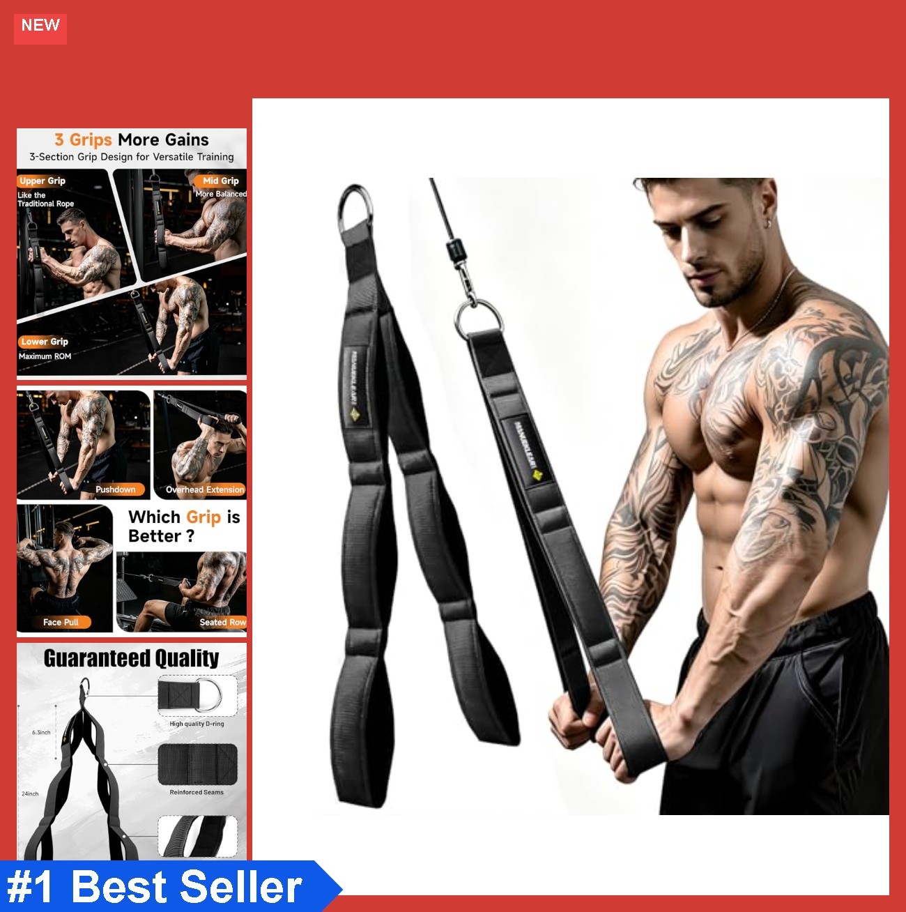 Tricep Rope Cable Attachment 3 Grip Lengths Extra Long Neoprene Handles