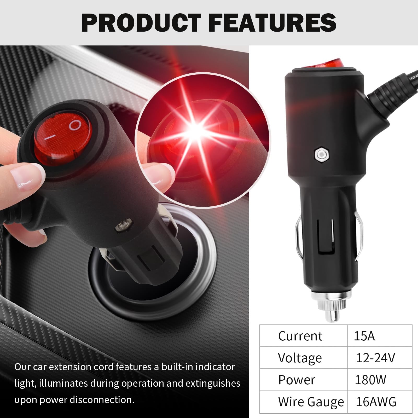 3Ft Cigarette Lighter Extension Cord,16 2.95 feet*1.93 inch*1.15 inch, black
