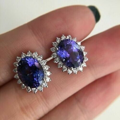 6Ct Oval Cut Tanzanite Push Back Halo Stud Earrings Solid 18K White Gold Finish