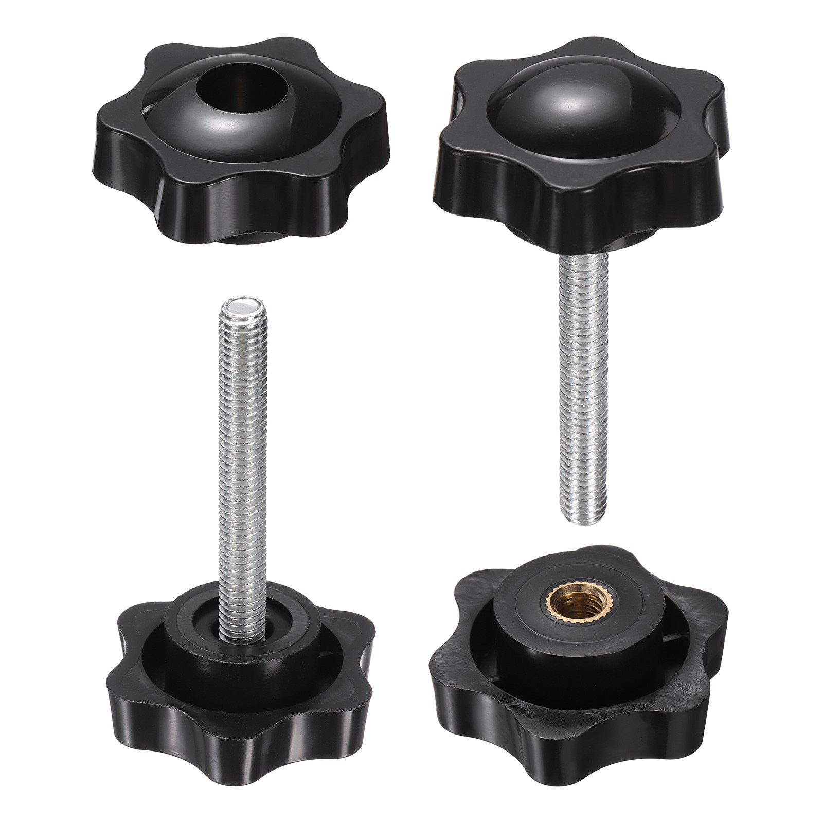 2 Set Star Knobs M6 x 50mm Male + M6 Female Thread 38mm Head Handles, Black