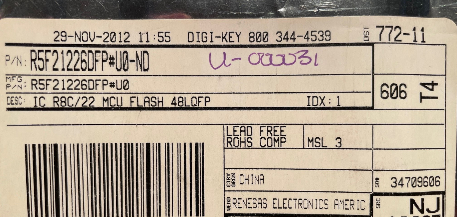 RENESAS R5F21226DFP FLASH MICROCONTROLLER, LQFP-48 PACKAGE, R8C/22 SERIES, QTY 2