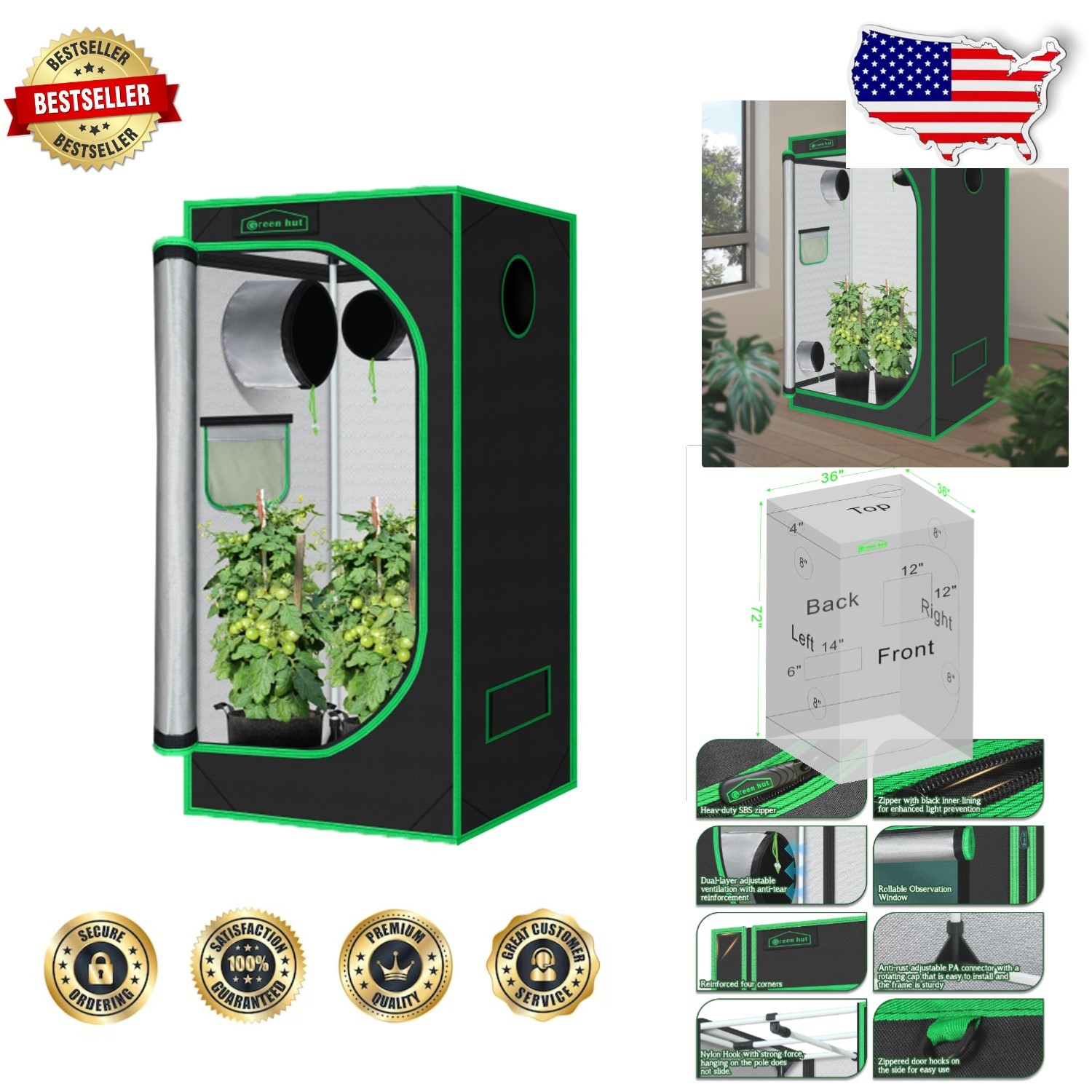 Elite 3x3 Grow Tent 36x36x72" Light Proof Mylar Hydroponics Observation Window