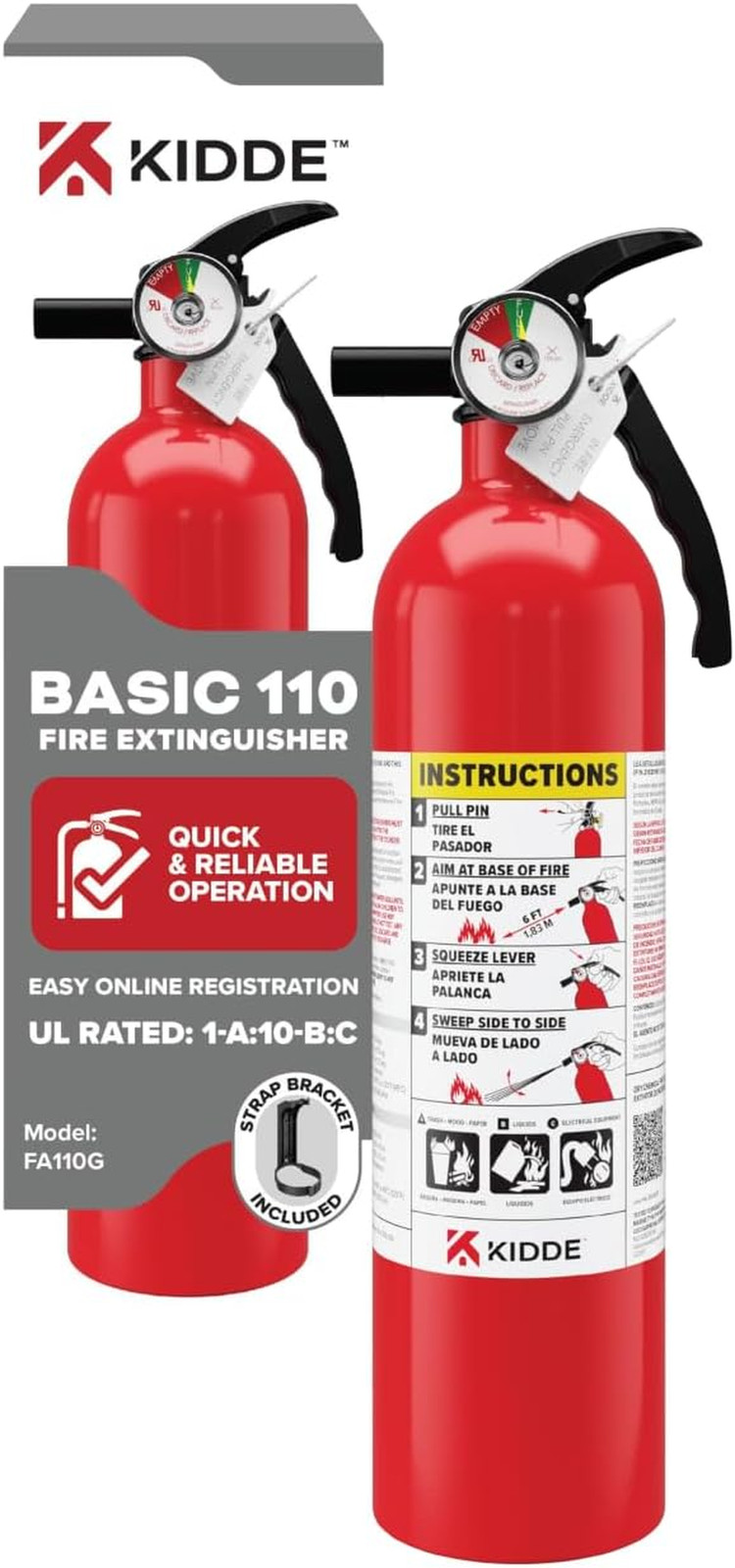 Kidde Basic 110 Fire Extinguisher for Home, 1-A:10-B:C, FA110G, 1 Pack | Residen