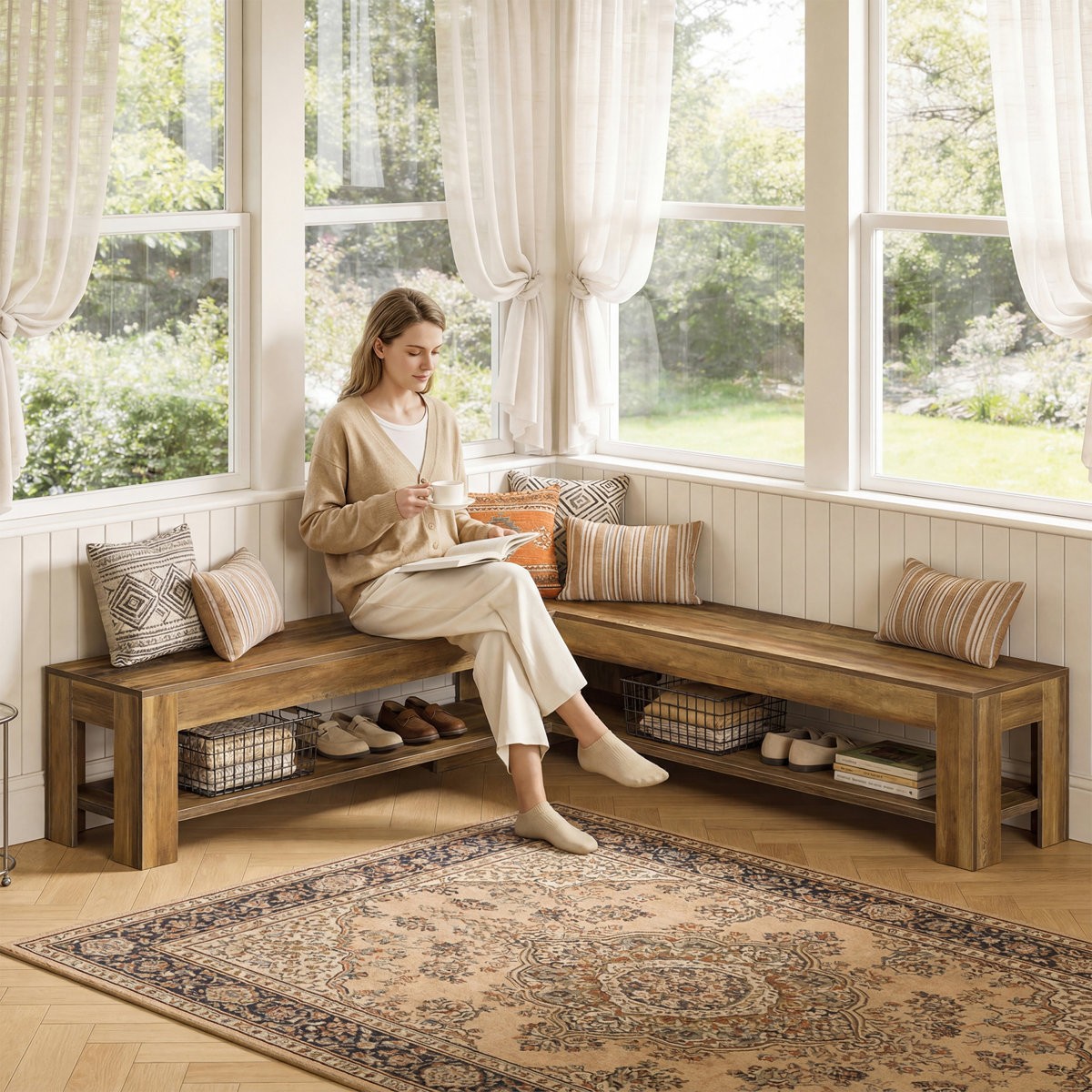 L-Shaped Dining Nook Bench with Storage Shelf, Wooden Space-Saving Corner Bench