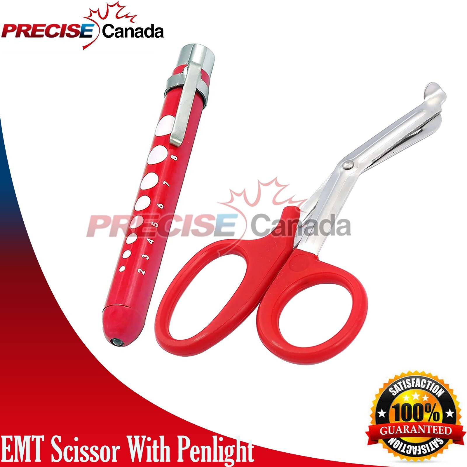 Set Of 2 Paramedic EMT Trauma Shears +NURSE Pocket Penlight with Pupil Gauge Red