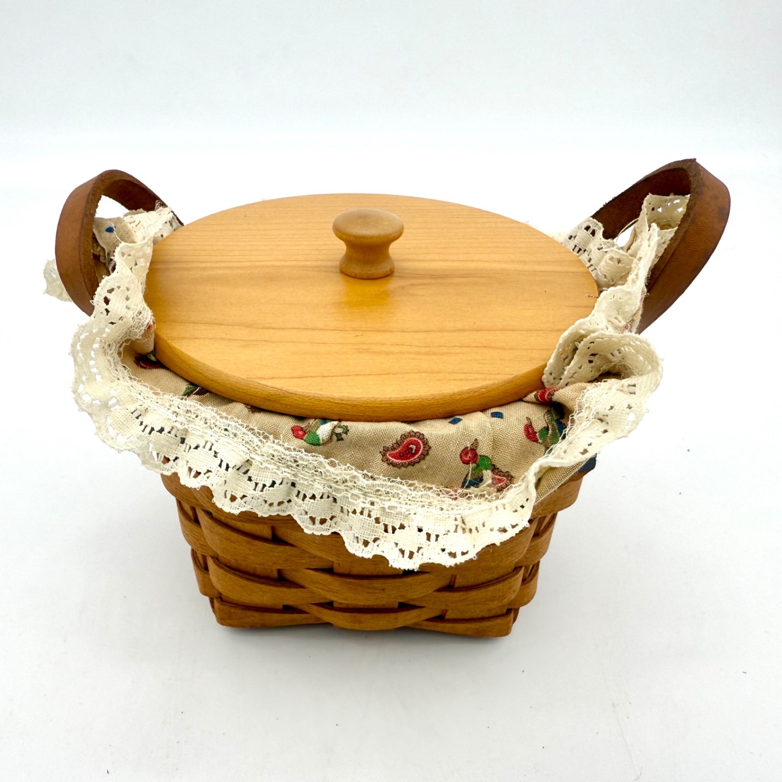 Vintage Handwoven Longaberger 5" Round Basket Leather Loop Handles Blue Rim Lid