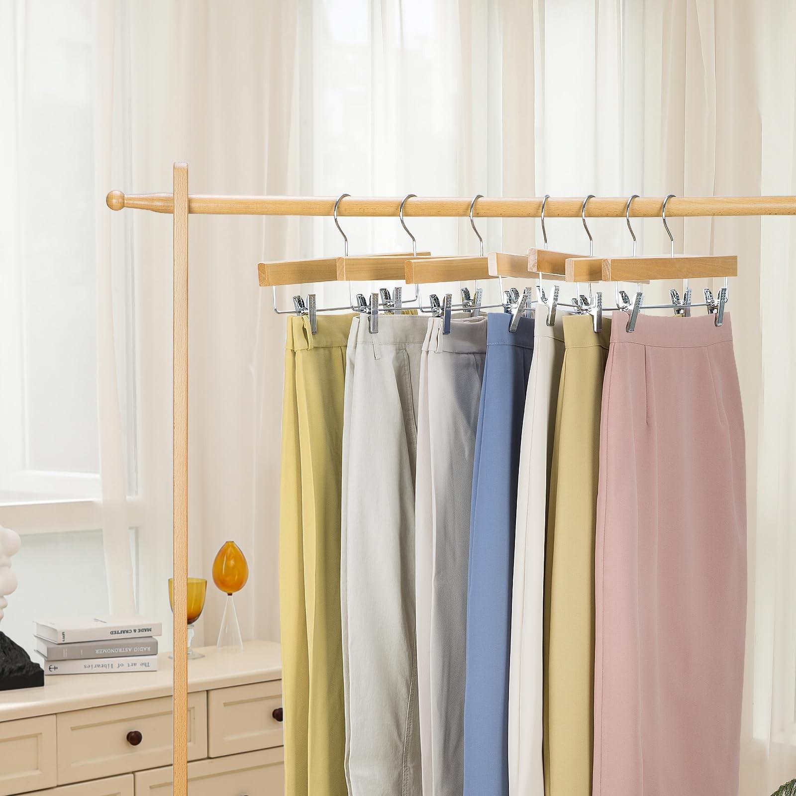 Deluxe Wooden Pants Hangers,Solid Lotus Wood Jeans Skirt Hanger with Clips An...