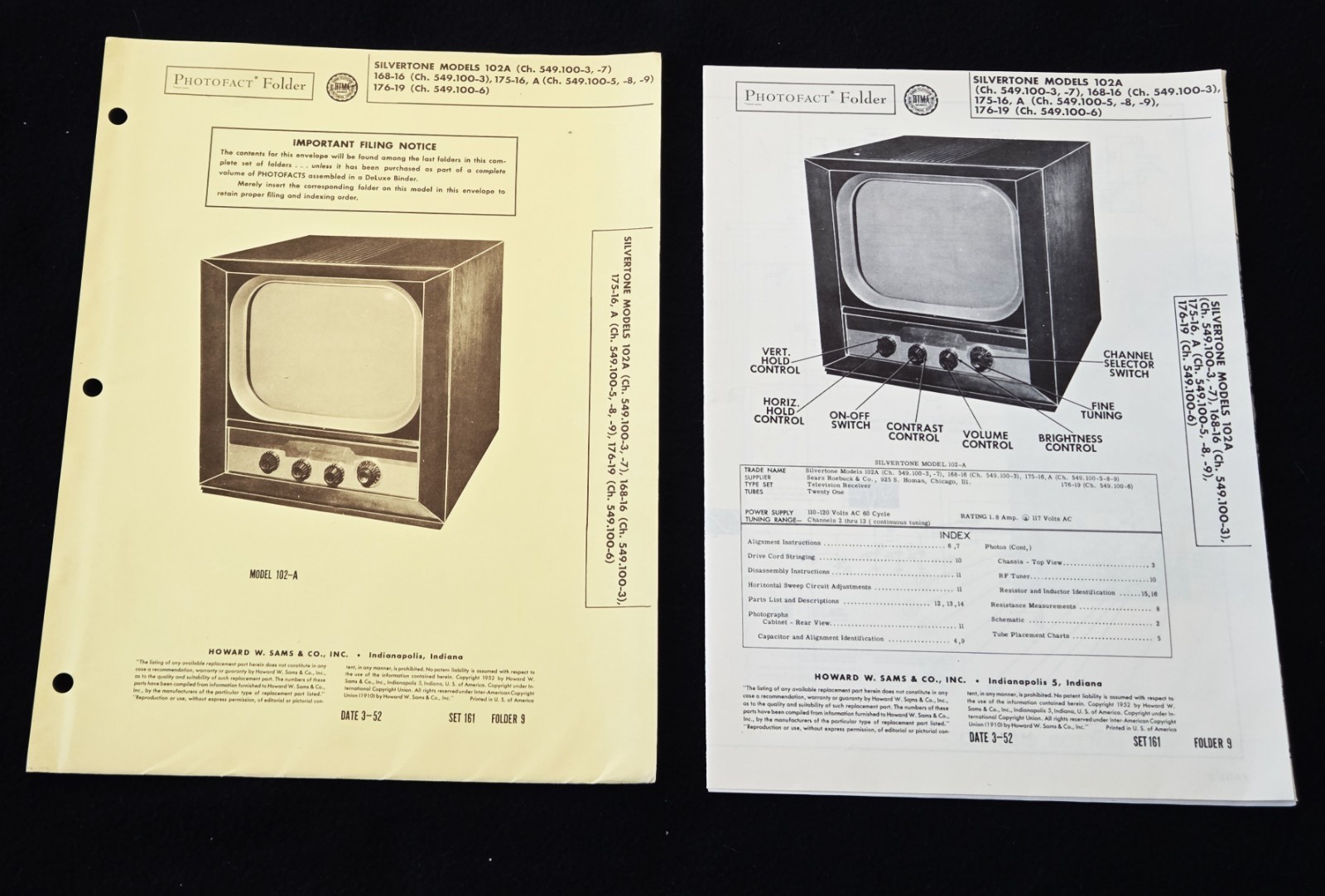 Silvertone Models 102A Howard Sams 1952 Radio Photofact Set 161 Folder  9