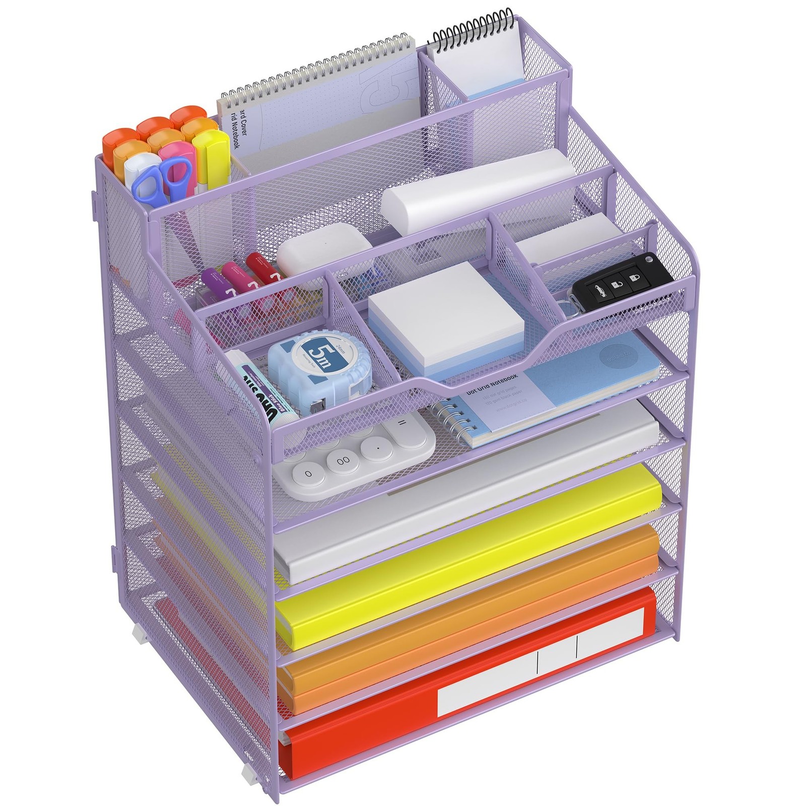 Docnest 6 Tier Mesh Desk Organizer with Letter Tray & Paper Sorter, Purple