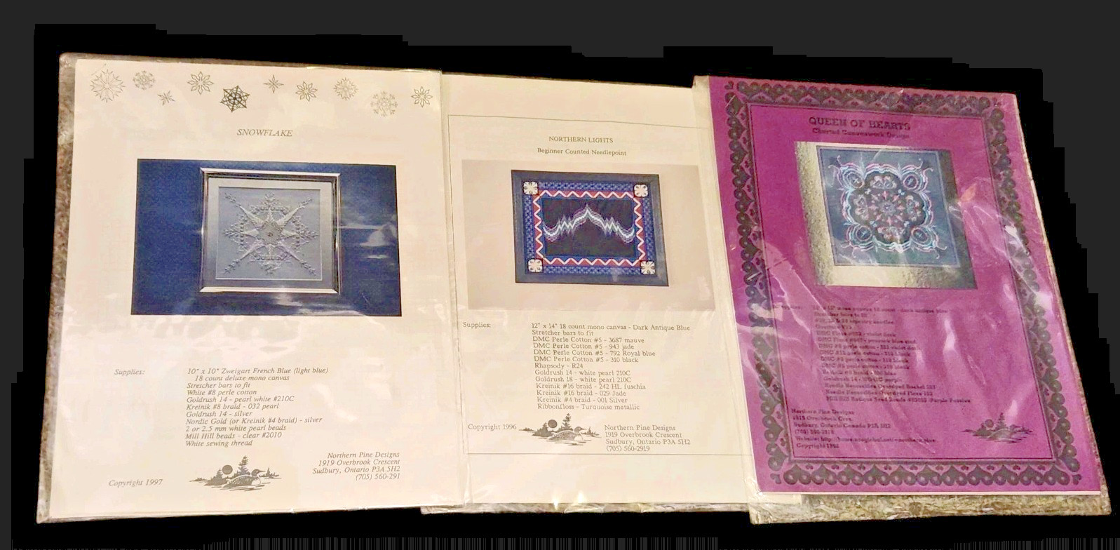 3 Northern Pine Needlepoint Patterns Snowflake, Northern Lights, Queen Of Hearts
