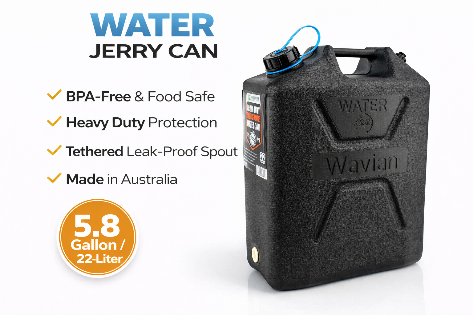 Wavian 22L 5.8 Gallon Water Can Black BPA Free Food Grade w/ Spout